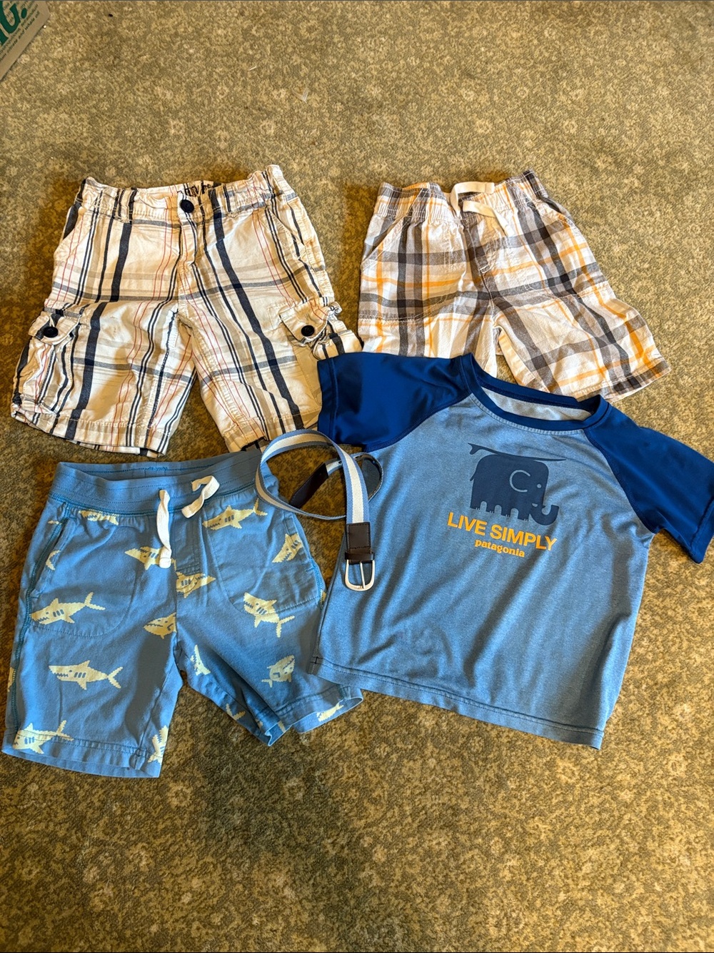 Patagonia Blue 'Live Simply' Tee with Blue Shorts & Plaid Shorts Bundle